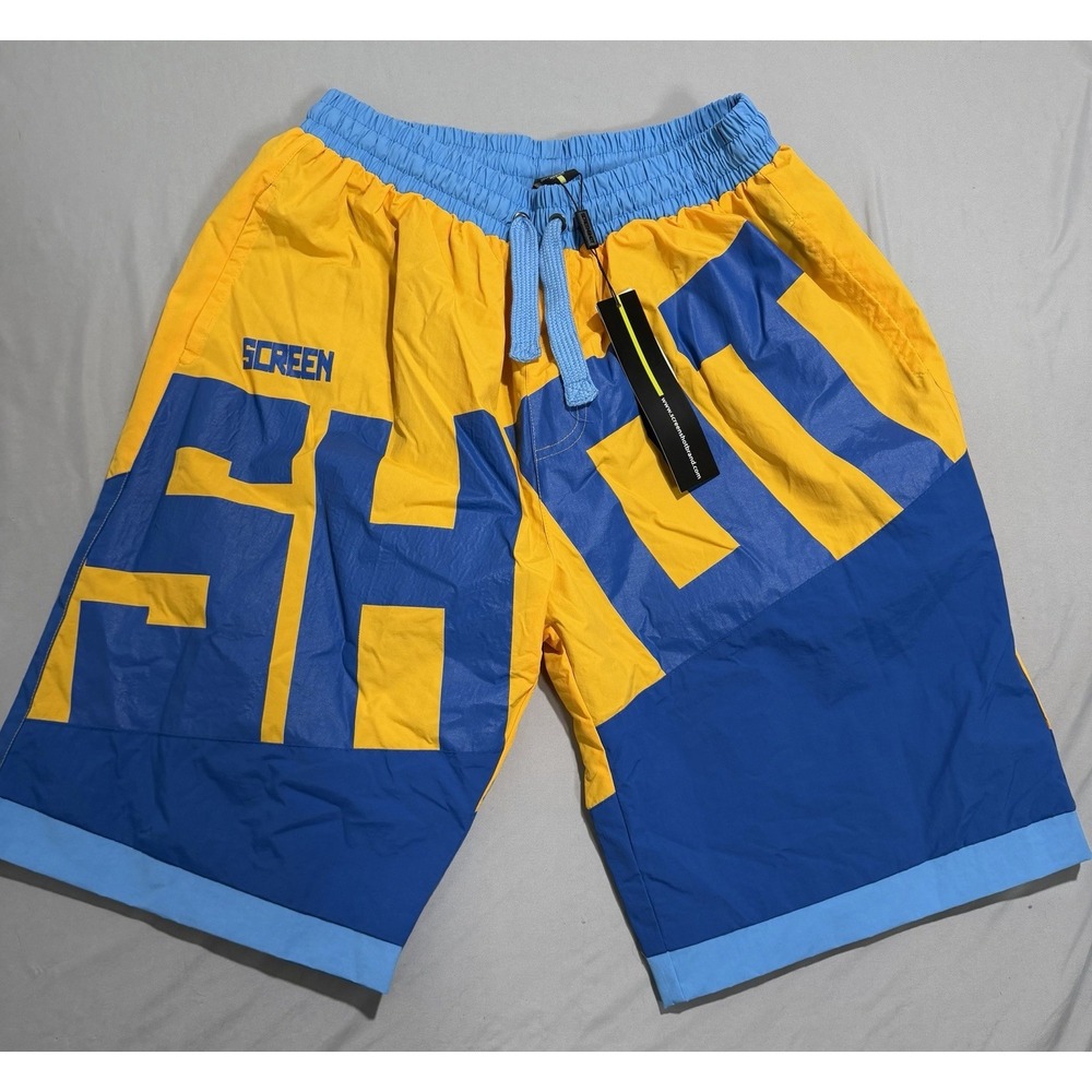 NWT Screenshot brand yellow/blue swim trunks shorts, lined, men's medium (A)
